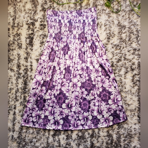 Purple Hibiscus Print Tropical Print Tube Dress - Picture 4 of 7